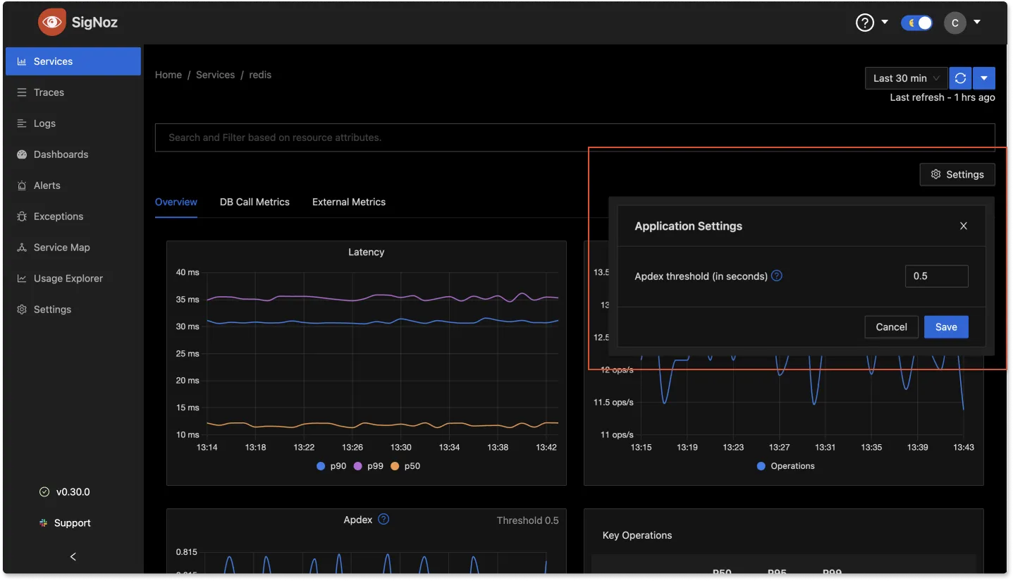 SigNoz UI showing how to change the threshold of Apdex Score for an application in Settings