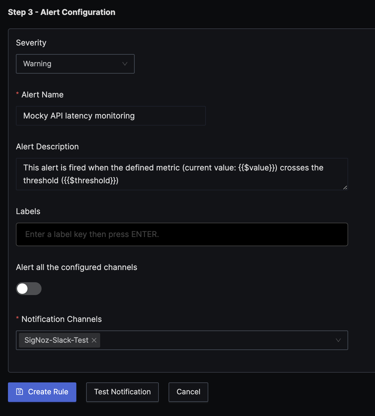 external API latency(p90) alert configuration