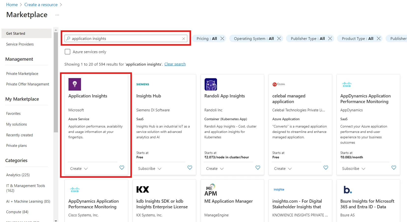 Search for Application Insights in Azure Portal