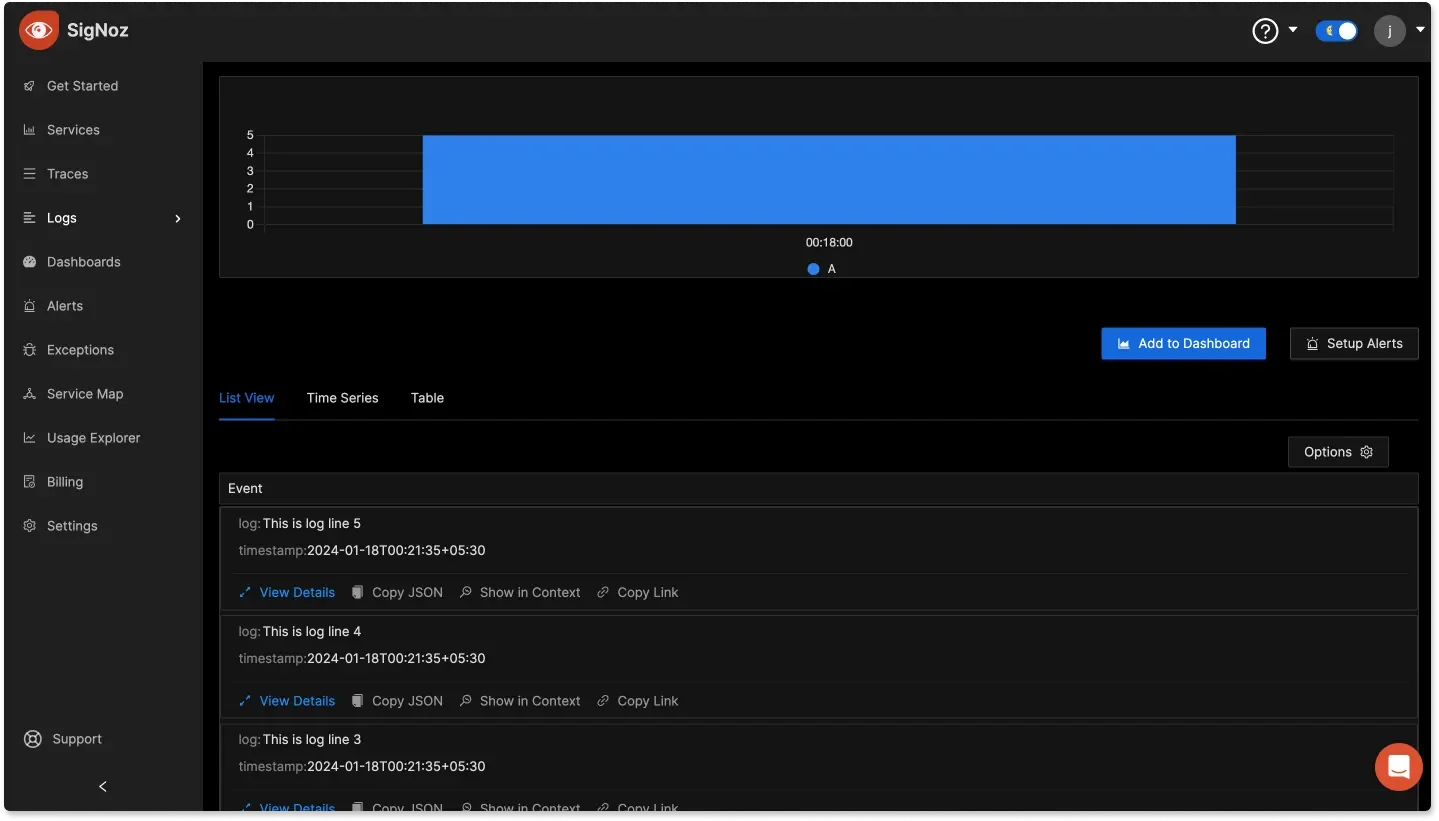 Sample log file data shown in SigNoz